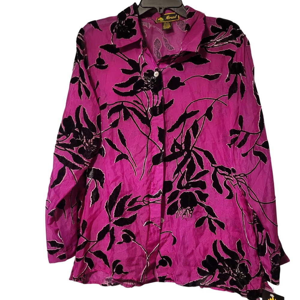 Y2K Mirasol Pink Black Velvet Floral Burnout Button Down Shirt XL NWT DS